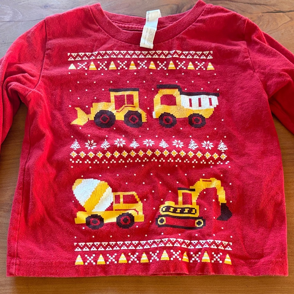 Rabbit Skins Red Long Sleeve Kids Tee with Construction Theme